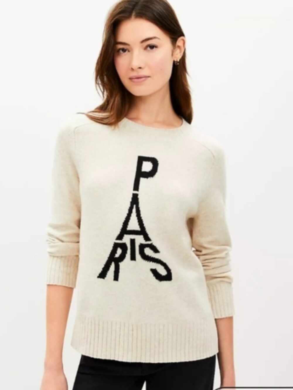 Loft Pullover Ivory Cream Black Paris Graphic Knit Crew Neck Sweater Sz M *NWT